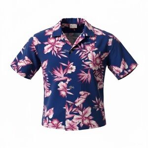 Vintage Hawaiian Floral Men's XL Shirt - Blue and Pink, Made in Hawaii